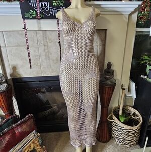 Codigo Crochet Long Knit Metallic Rose Gold Dress. Size Small